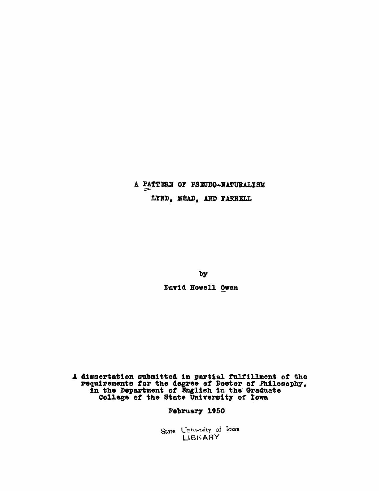 A Pattern of Pseudo-Naturalism: Lynd, Mead, and Farrell by Owen David Howell
