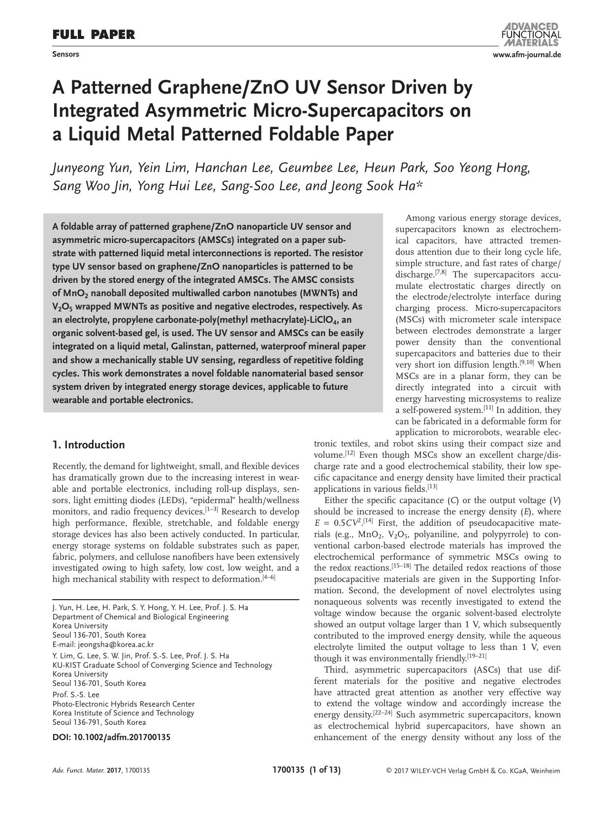 A Patterned GrapheneZnO UV Sensor Driven by Integrated Asymmetric Micro‐Supercapacitors on a Liquid Metal Patterned Foldable Paper by Unknown