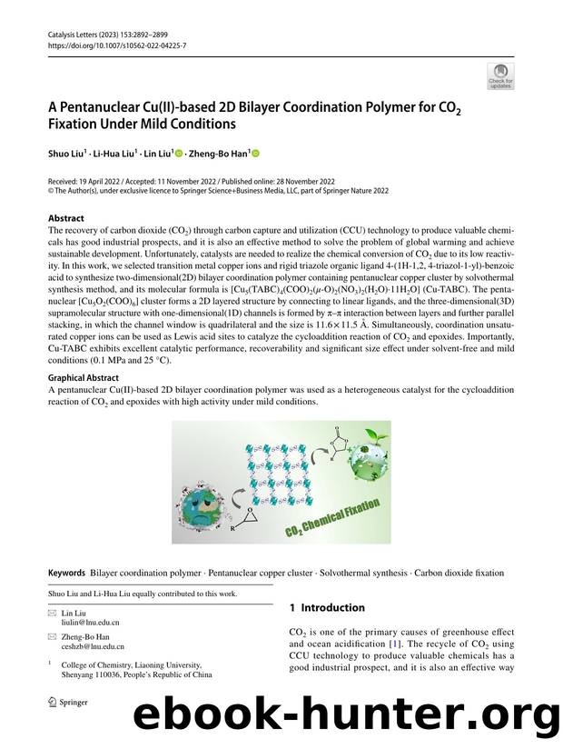A Pentanuclear Cu(II)-based 2D Bilayer Coordination Polymer for CO2 Fixation Under Mild Conditions by Shuo Liu & Li-Hua Liu & Lin Liu & Zheng-Bo Han