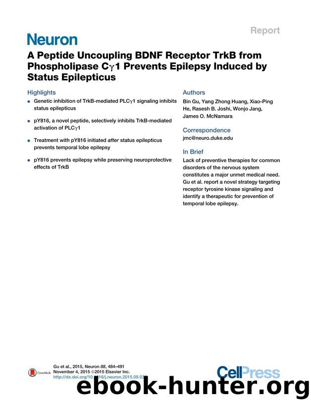 A Peptide Uncoupling BDNF Receptor TrkB from Phospholipase C&gamma;1 Prevents Epilepsy Induced by Status Epilepticus by Bin Gu & Yang Zhong Huang & Xiao-Ping He & Rasesh B. Joshi & Wonjo Jang & James O. McNamara