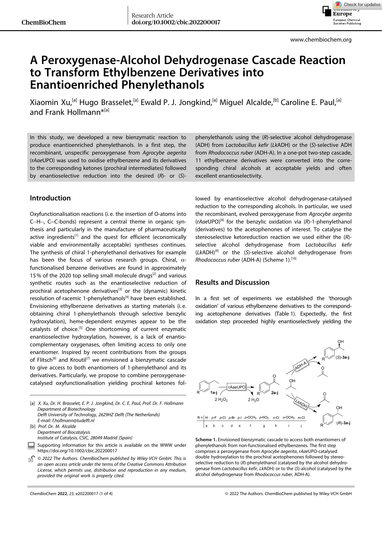 A PeroxygenaseâAlcohol Dehydrogenase Cascade Reaction to Transform Ethylbenzene Derivatives into Enantioenriched Phenylethanols by Unknown