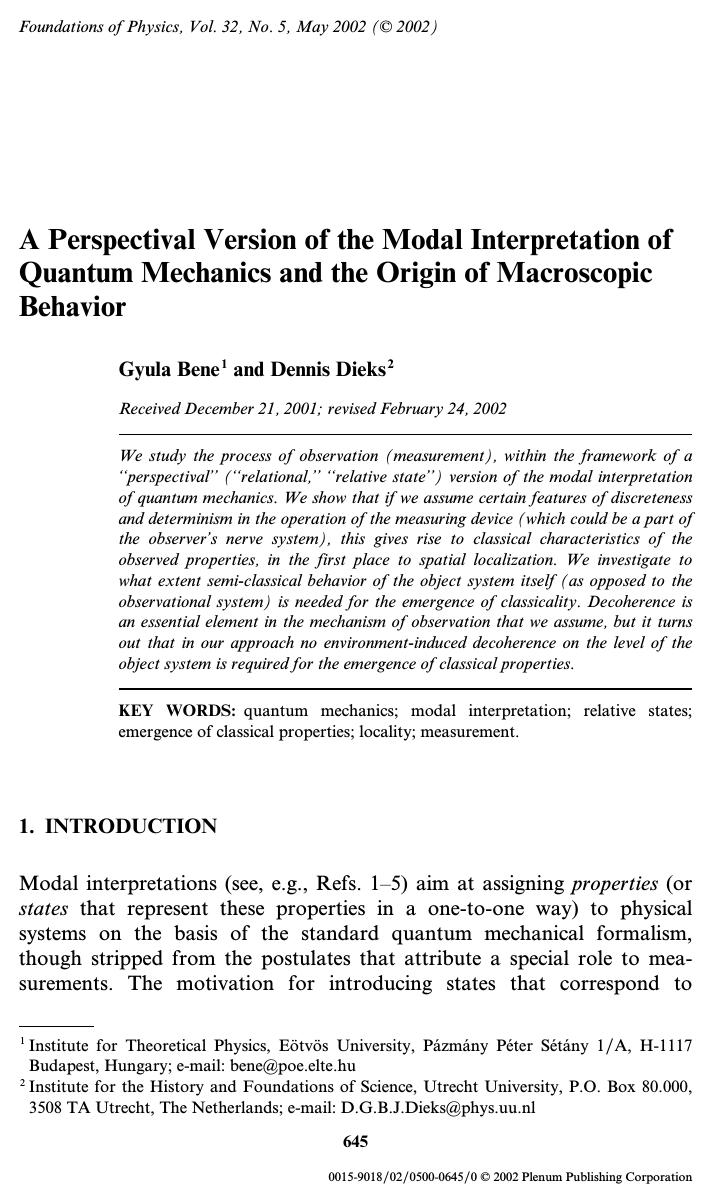 A Perspectival Version of the Modal Interpretation of Quantum Mechanics and the Origin of Macroscopic Behavior by Unknown
