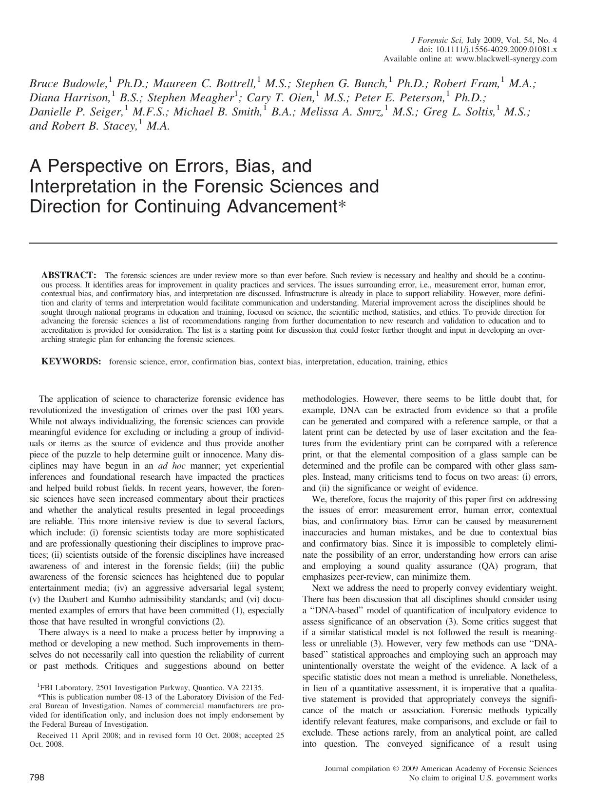 A Perspective on Errors, Bias, and Interpretation in the Forensic Sciences and Direction for Continuing Advancement* by Unknown