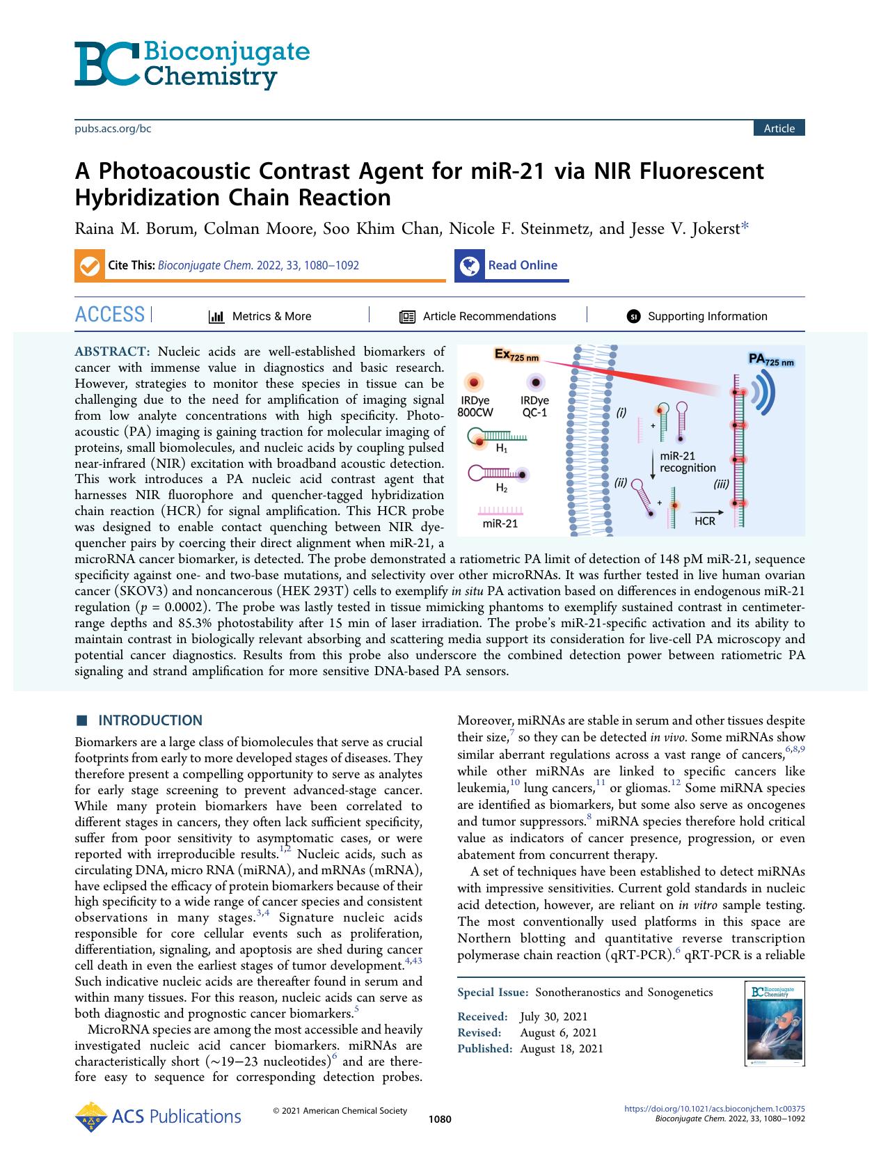 A Photoacoustic Contrast Agent for miR-21 via NIR Fluorescent Hybridization Chain Reaction by Raina M. Borum Colman Moore Soo Khim Chan Nicole F. Steinmetz and Jesse V. Jokerst