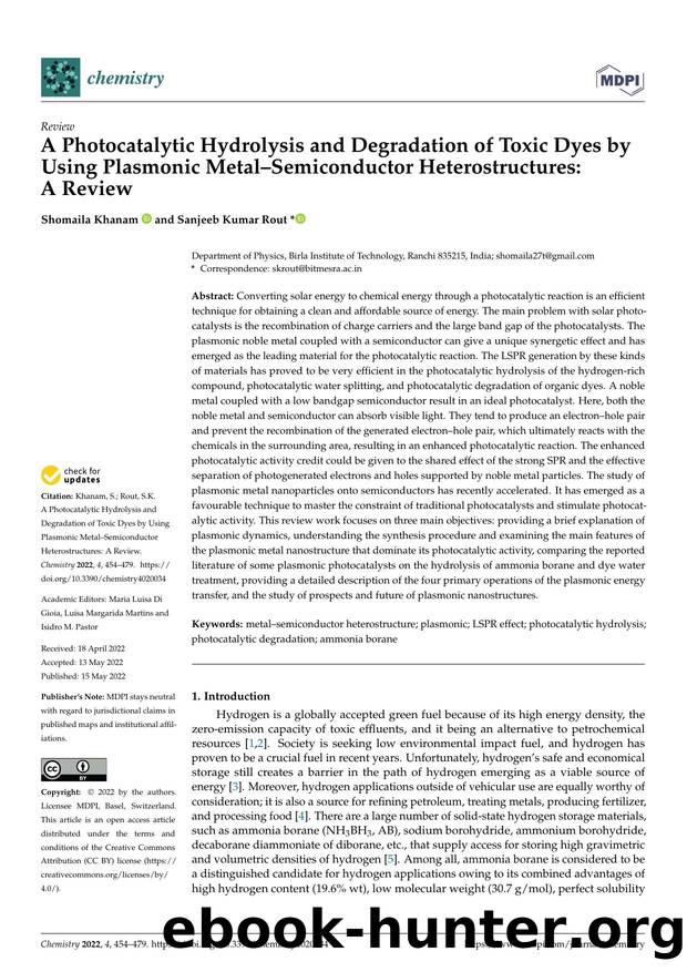 A Photocatalytic Hydrolysis and Degradation of Toxic Dyes by Using Plasmonic MetalâSemiconductor Heterostructures: A Review by Shomaila Khanam & Sanjeeb Kumar Rout