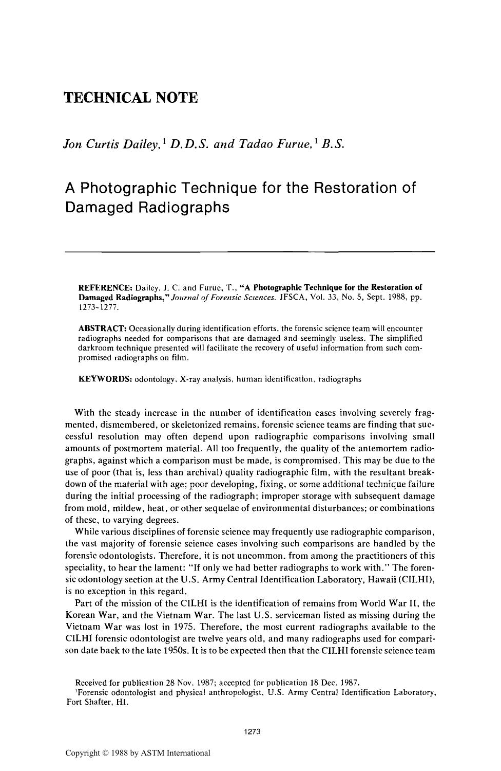 A Photographic Technique for the Restoration of Damaged Radiographs by Dailey JC Furue T