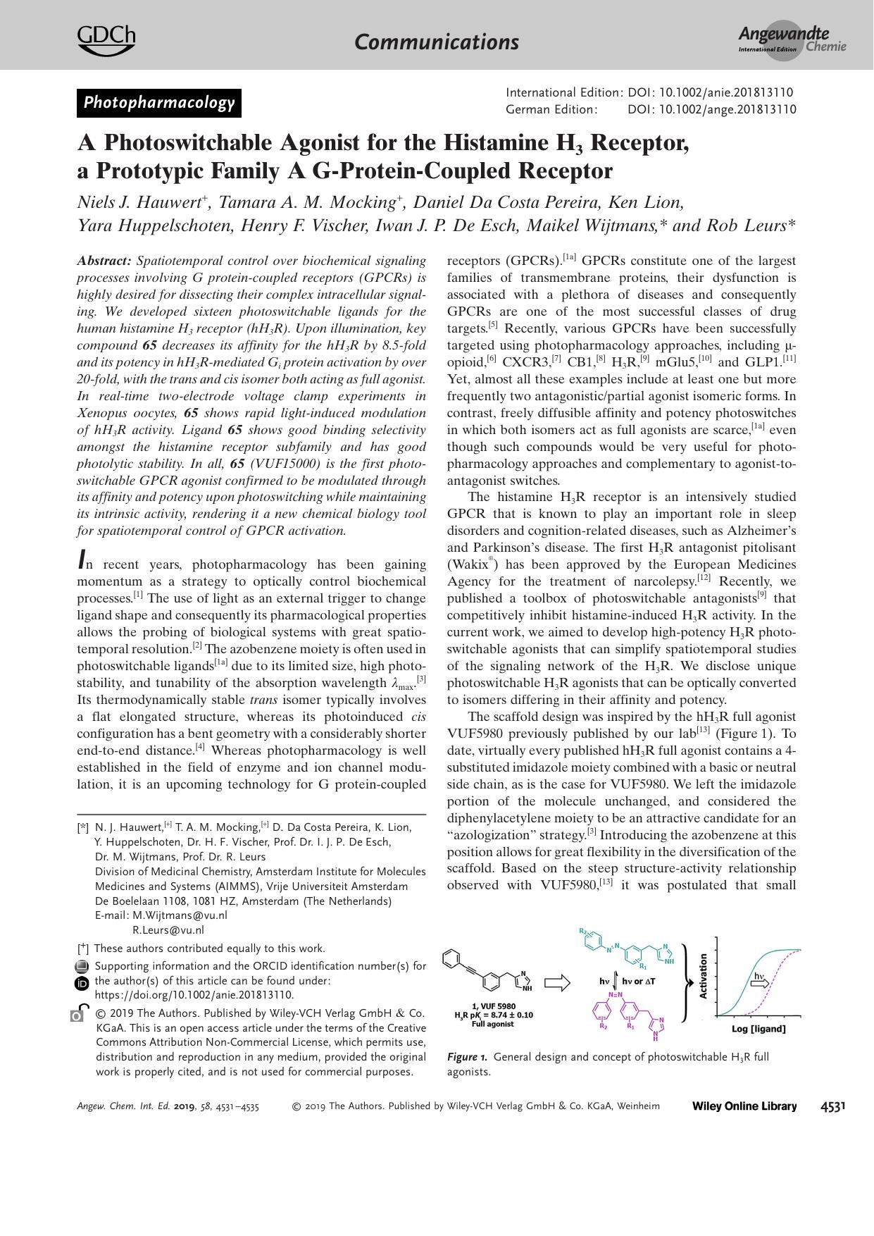 A Photoswitchable Agonist for the Histamine H3 Receptor, a Prototypic Family A GâProteinâCoupled Receptor by Unknown
