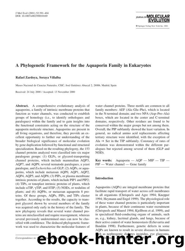 A Phylogenetic Framework for the Aquaporin Family in Eukaryotes by Zardoya R. et al