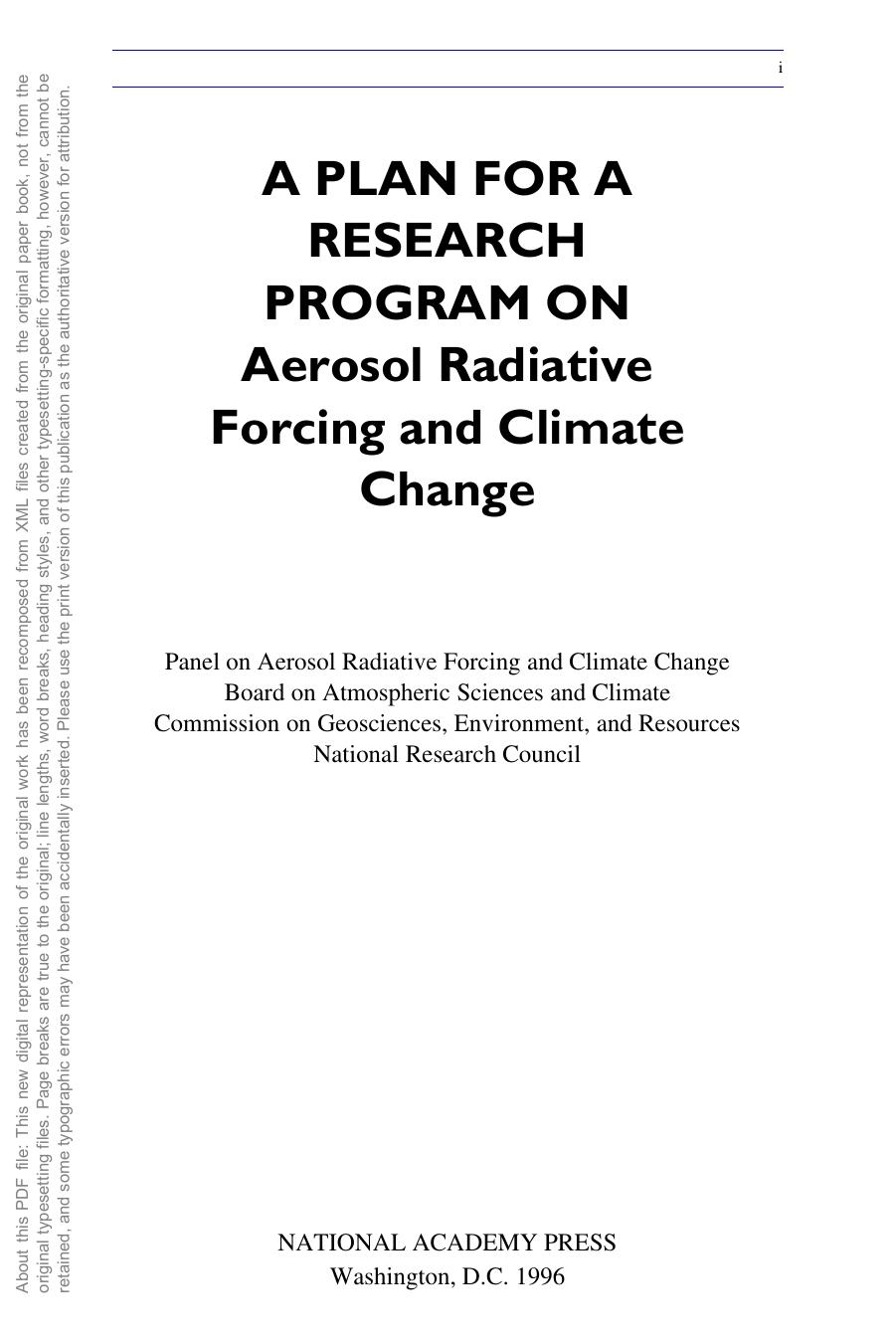 A Plan for a Research Program on Aerosol Radiative Forcing and Climate Change by National Research Council