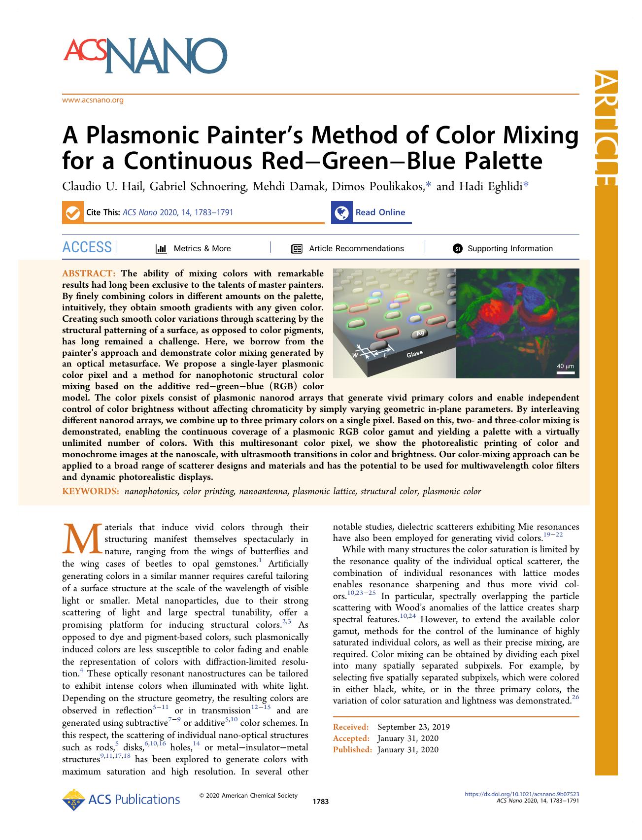 A Plasmonic Painterâs Method of Color Mixing for a Continuous RedâGreenâBlue Palette by Claudio U. Hail Gabriel Schnoering Mehdi Damak Dimos Poulikakos and Hadi Eghlidi