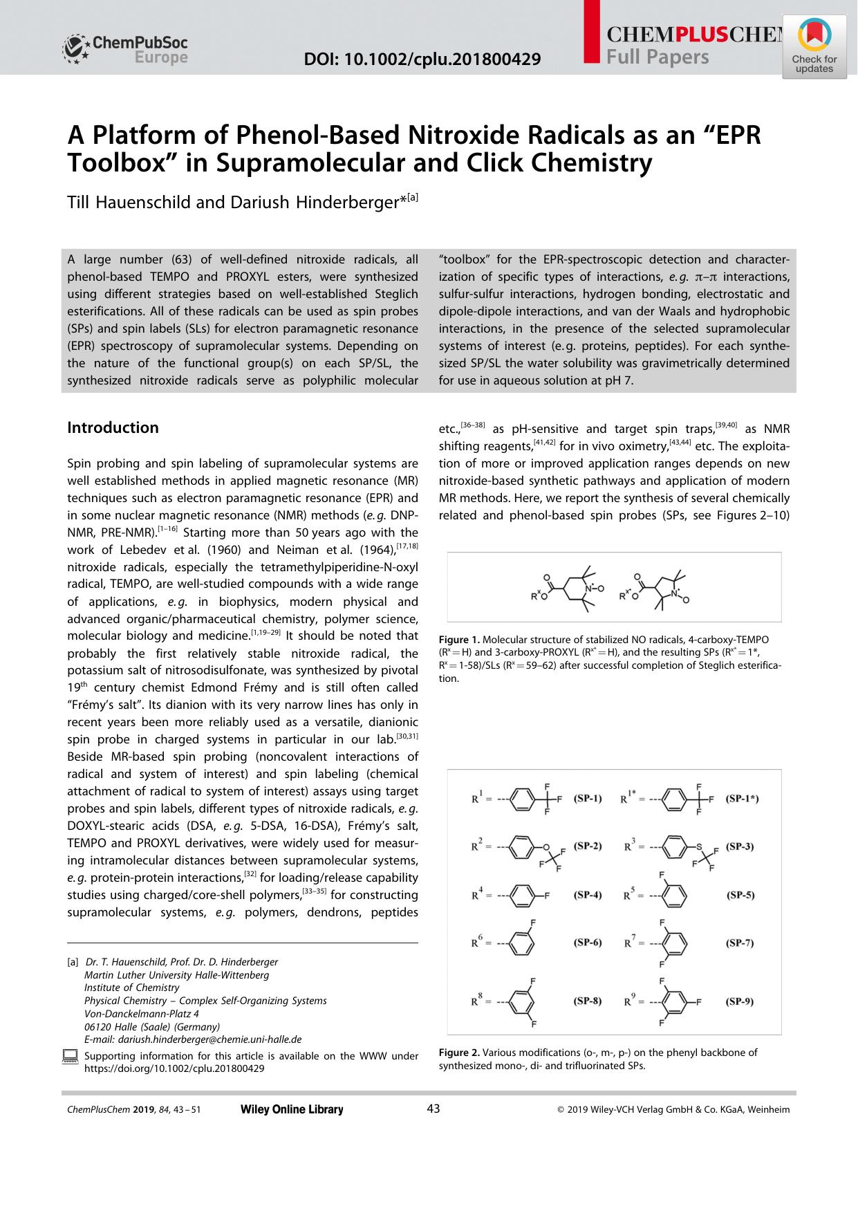 A Platform of PhenolâBased Nitroxide Radicals as an âEPR Toolboxâ in Supramolecular and Click Chemistry by Unknown