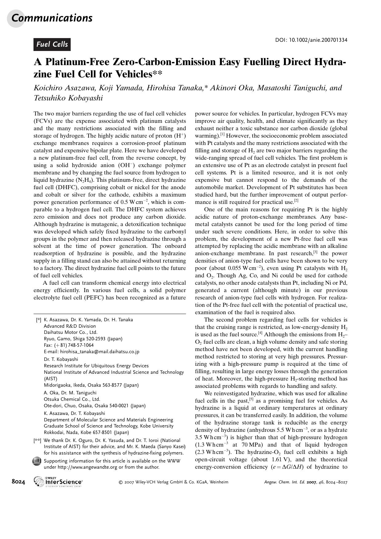 A Platinum-Free Zero-Carbon-Emission Easy Fuelling Direct Hydrazine Fuel Cell for Vehicles by Unknown