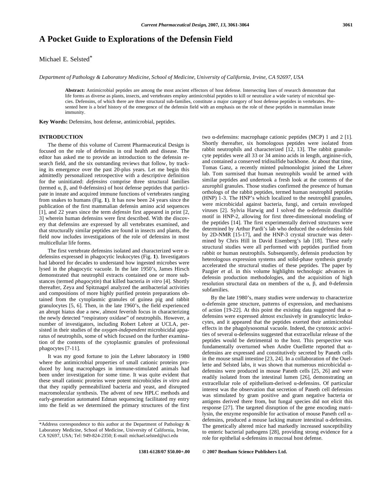 A Pocket Guide to Explorations of the Defensin Field by Michael E. Selsted