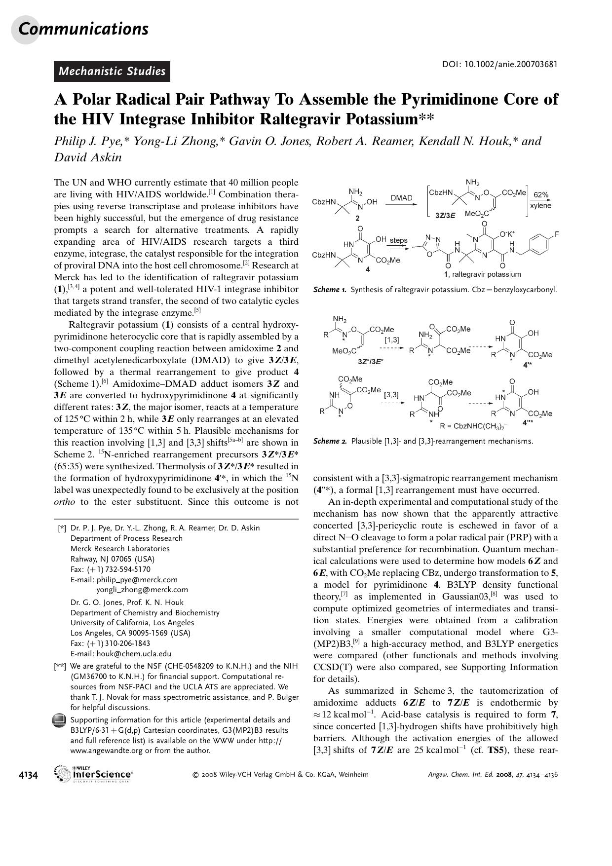 A Polar Radical Pair Pathway To Assemble the Pyrimidinone Core of the HIV Integrase Inhibitor Raltegravir Potassium by Unknown