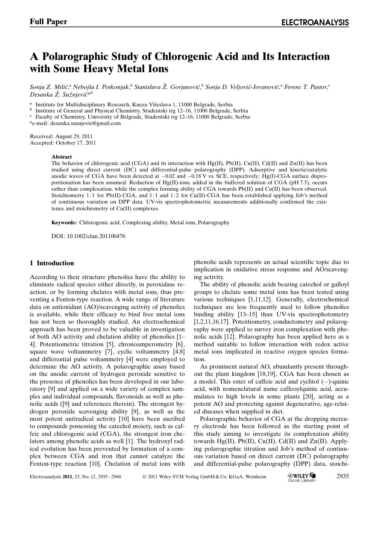 A Polarographic Study of Chlorogenic Acid and Its Interaction with Some Heavy Metal Ions by Unknown