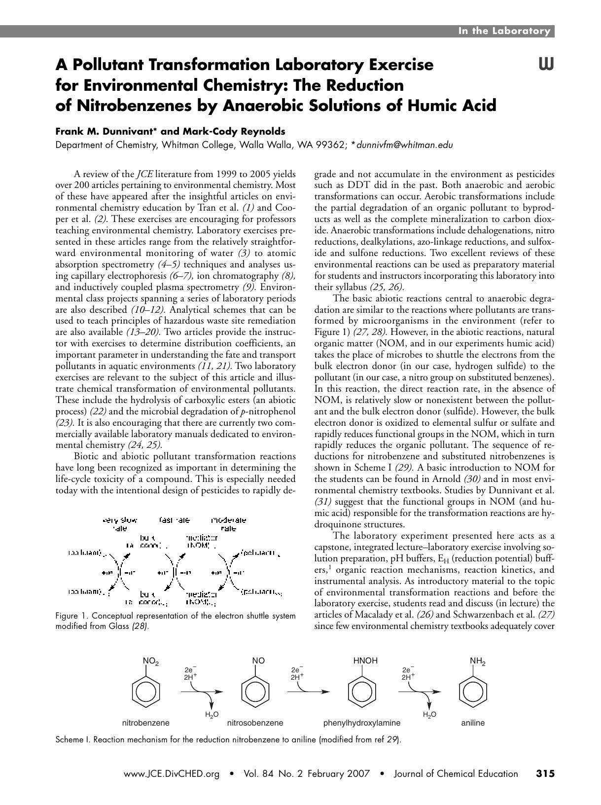 A Pollutant Transformation Laboratory Exercise for Environmental Chemistry: The Reduction of Nitrobenzenes by Anaerobic Solutions of Humic Acid by Frank M. Dunnivant and Mark-Cody Reynolds