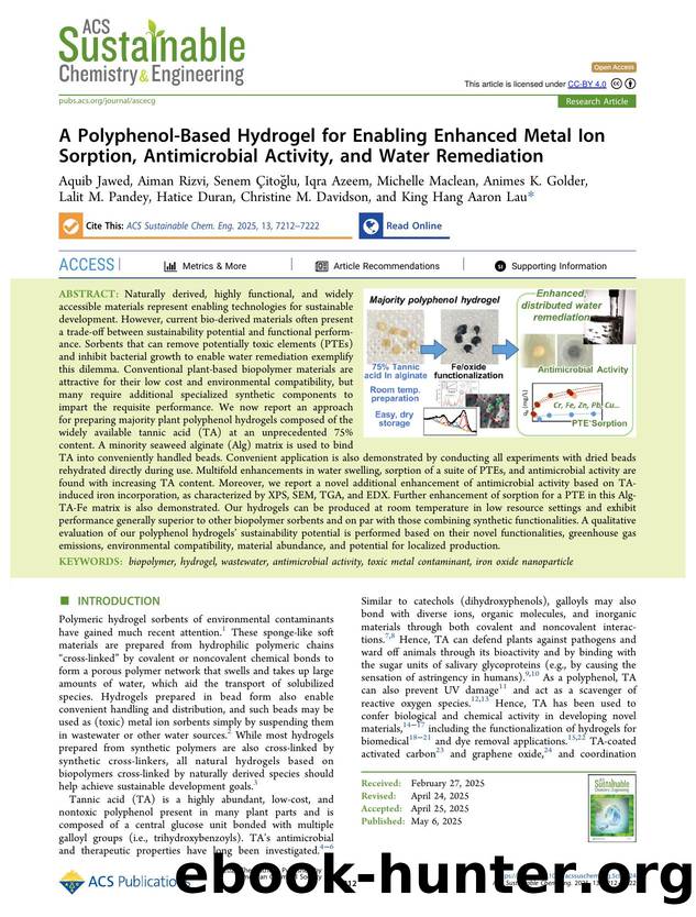 A Polyphenol-Based Hydrogel for Enabling Enhanced Metal Ion Sorption, Antimicrobial Activity, and Water Remediation by unknow