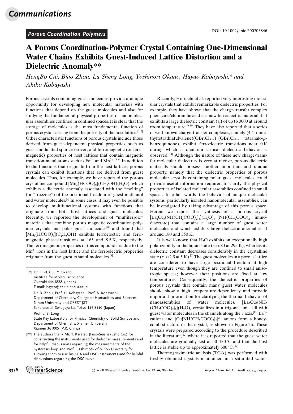 A Porous Coordination-Polymer Crystal Containing One-Dimensional Water Chains Exhibits Guest-Induced Lattice Distortion and a Dielectric Anomaly by Unknown