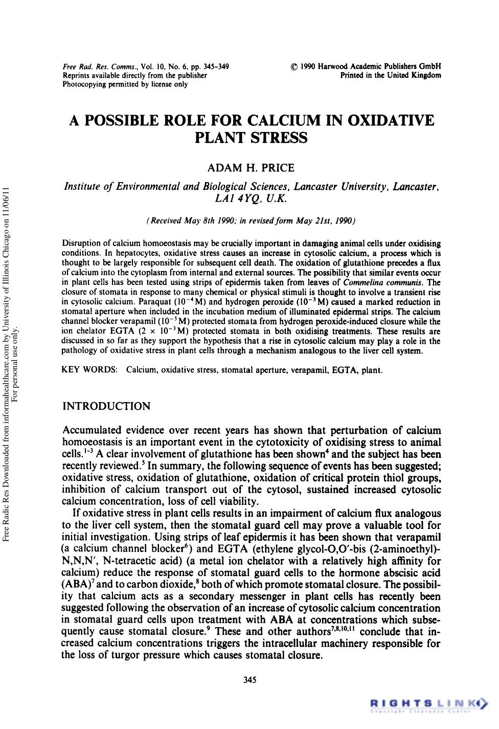 A Possible Role for Calcium in Oxidative Plant Stress by Adam H. Price