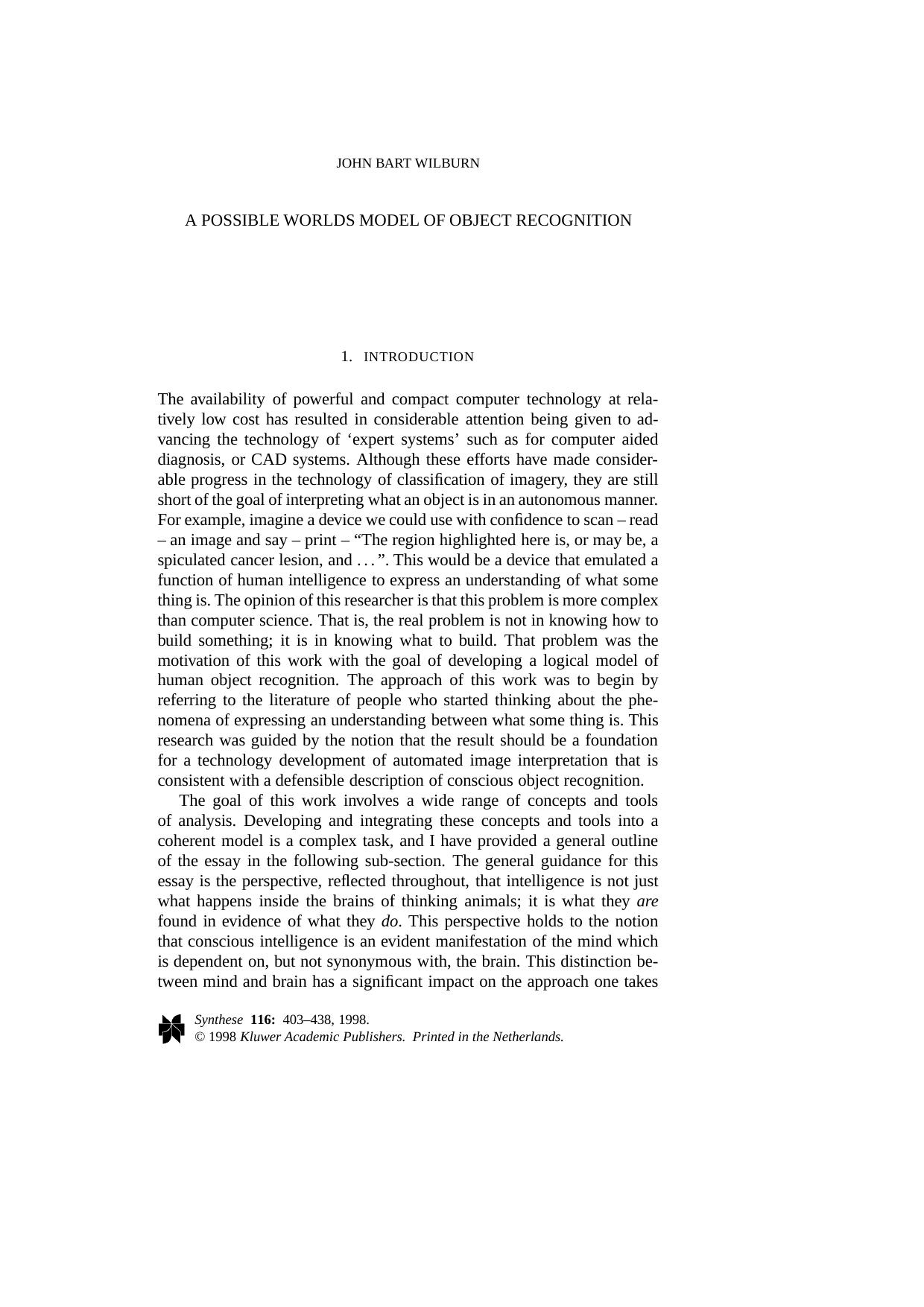 A Possible Worlds Model of Object Recognition by Unknown
