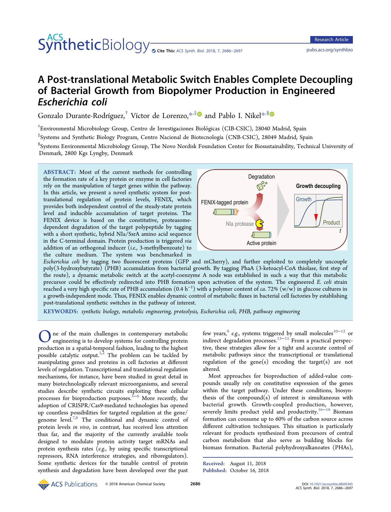A Post-translational Metabolic Switch Enables Complete Decoupling of Bacterial Growth from Biopolymer Production in Engineered Escherichia coli by Gonzalo Durante-Rodríguez Víctor de Lorenzo and Pablo I. Nikel