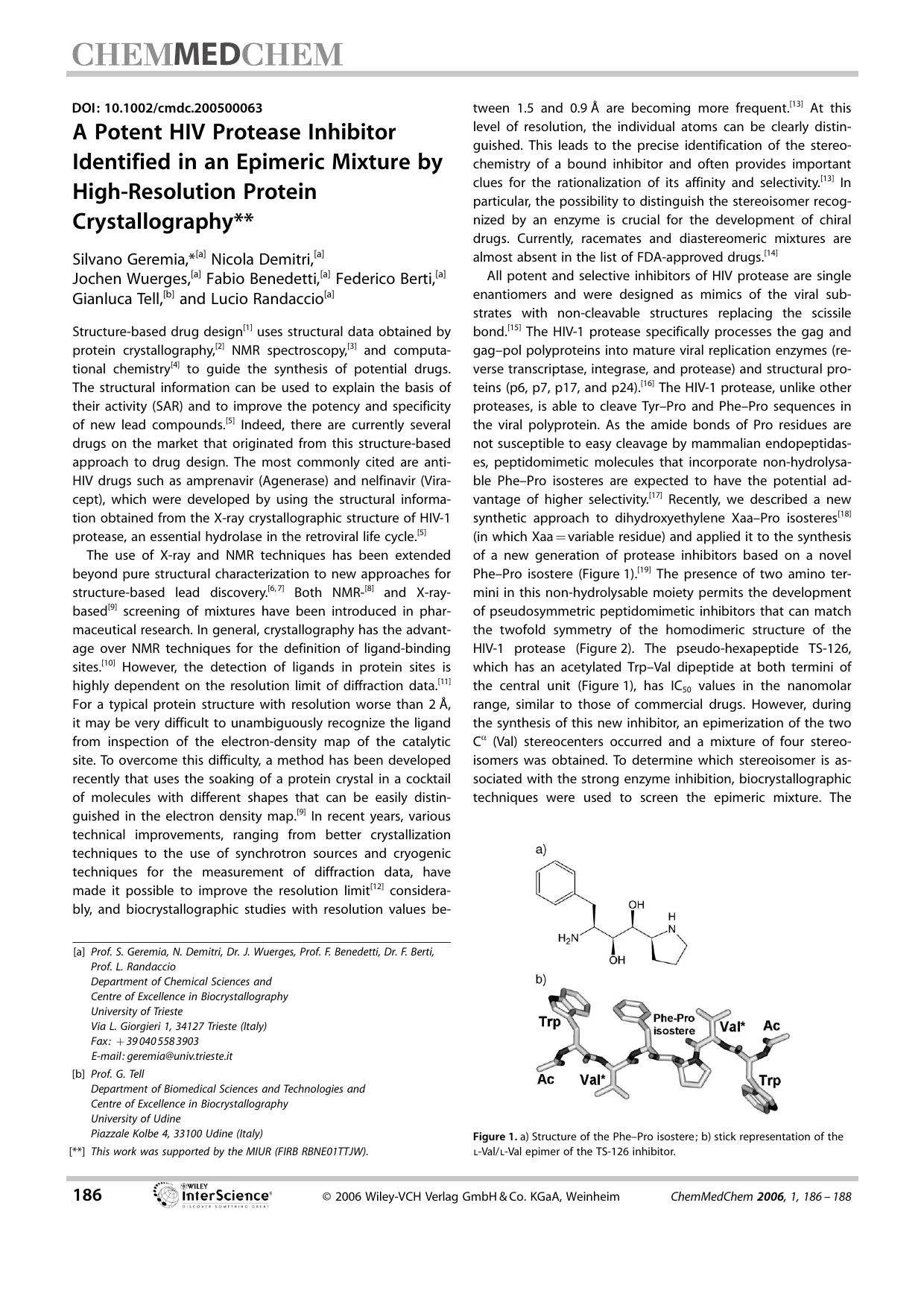 A Potent HIV Protease Inhibitor Identified in an Epimeric Mixture by High-Resolution Protein Crystallography by Unknown