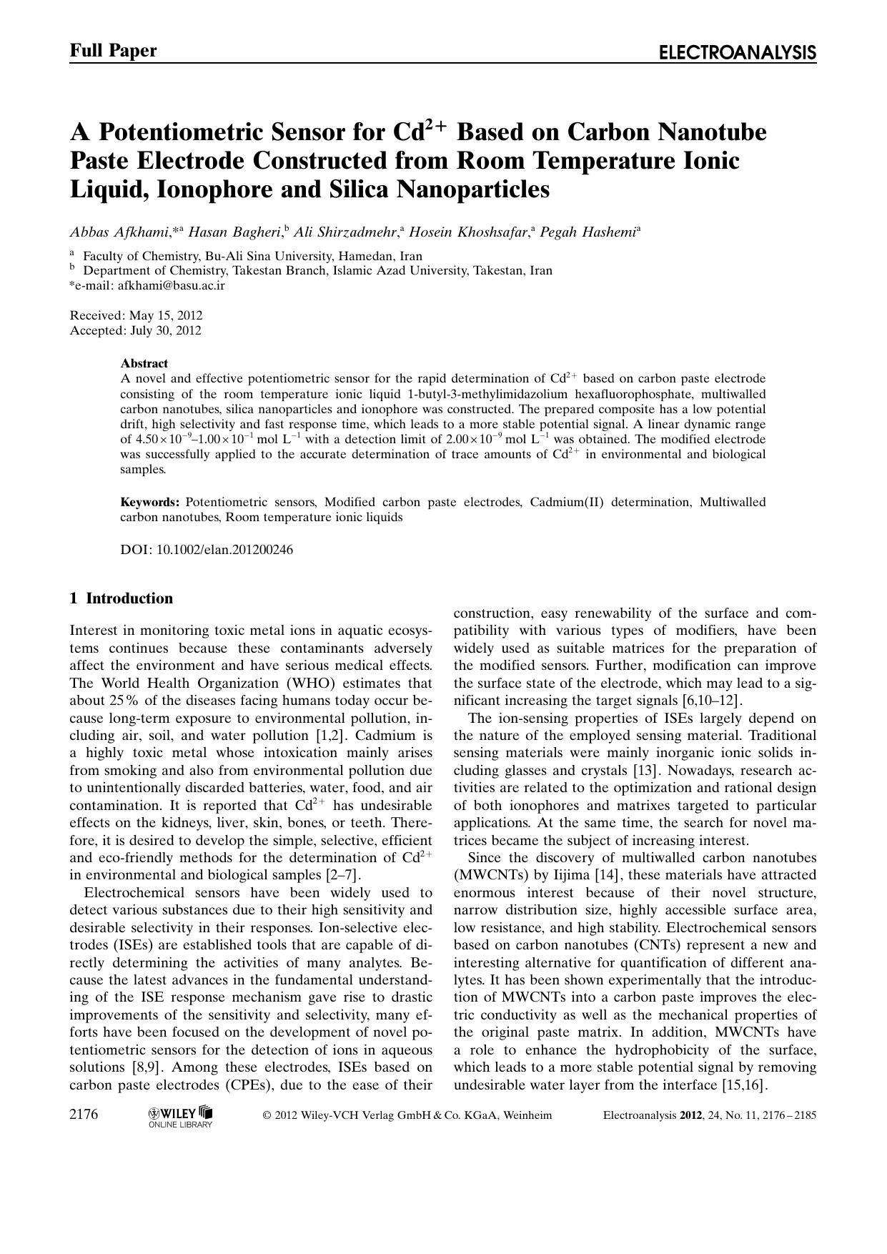 A Potentiometric Sensor for Cd2+ Based on Carbon Nanotube Paste Electrode Constructed from Room Temperature Ionic Liquid, Ionophore and Silica Nanoparticles by Unknown