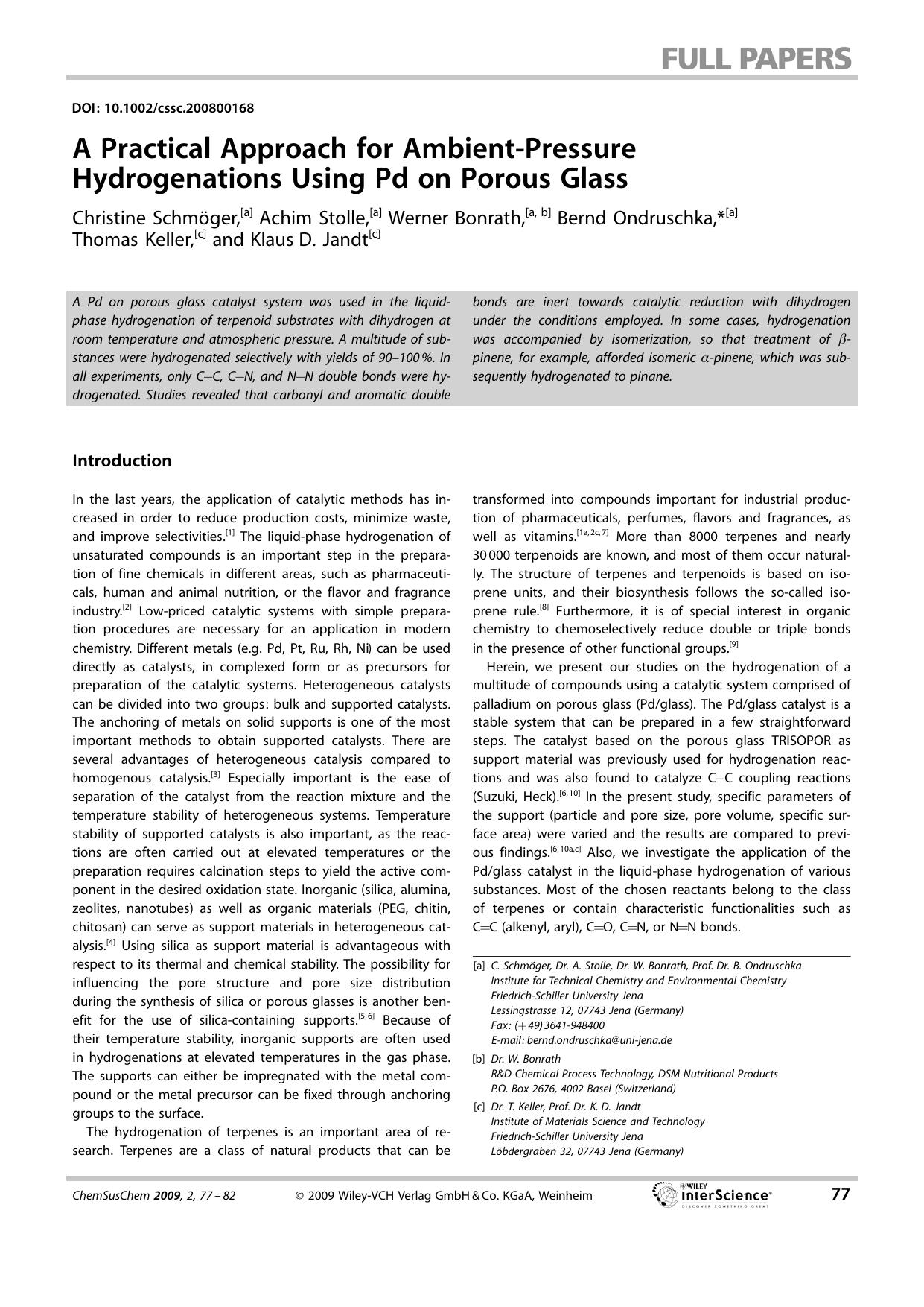 A Practical Approach for Ambient-Pressure Hydrogenations Using Pd on Porous Glass by Unknown
