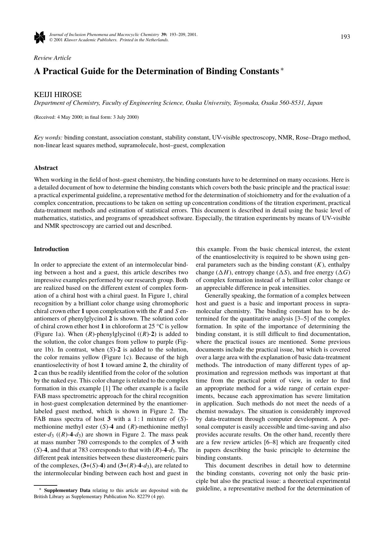 A Practical Guide for the Determination of Binding Constants by Unknown