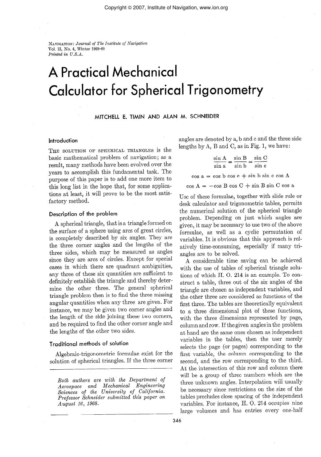 A Practical Mechanical Calculator for Spherical Trigonometry by MITCHELL E. TIMIN AND ALAN M. SCHNEIDER