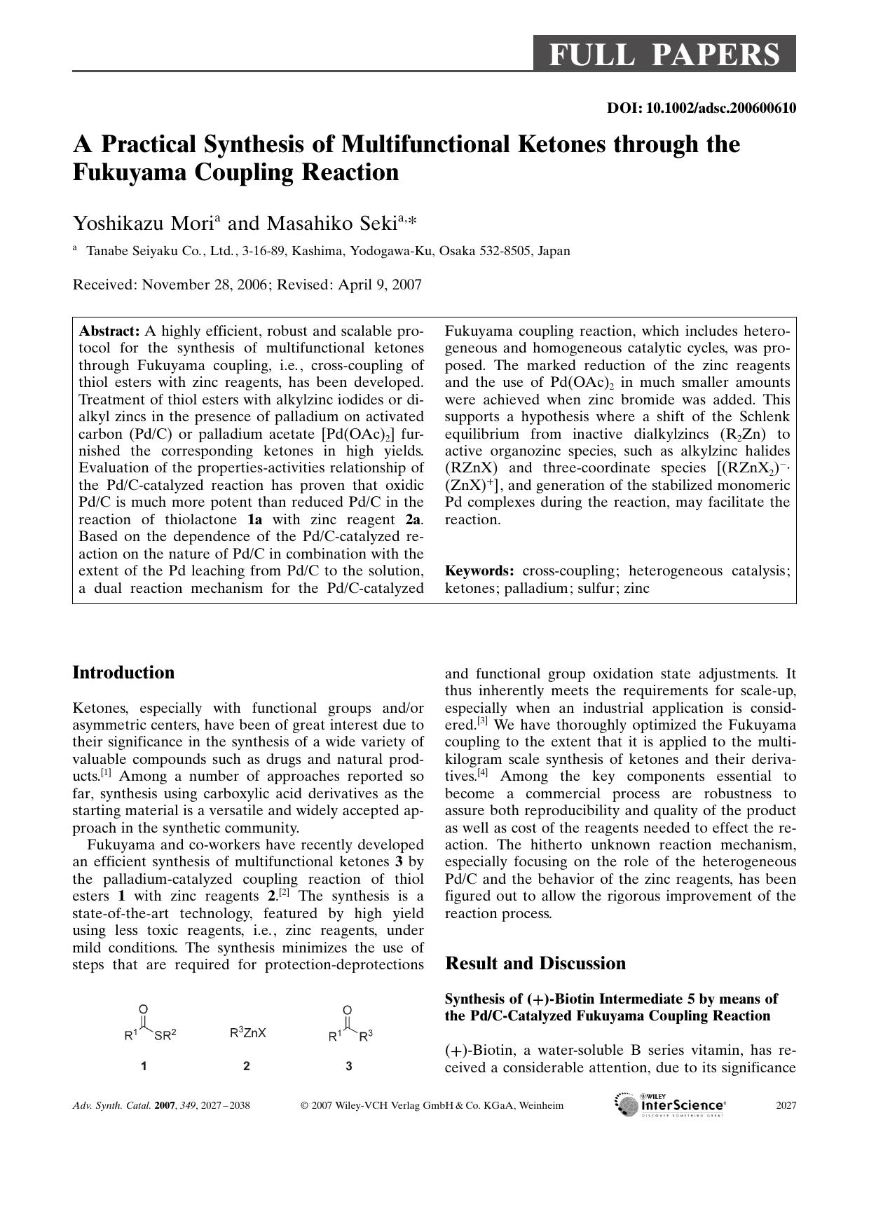 A Practical Synthesis of Multifunctional Ketones through the Fukuyama Coupling Reaction by Unknown