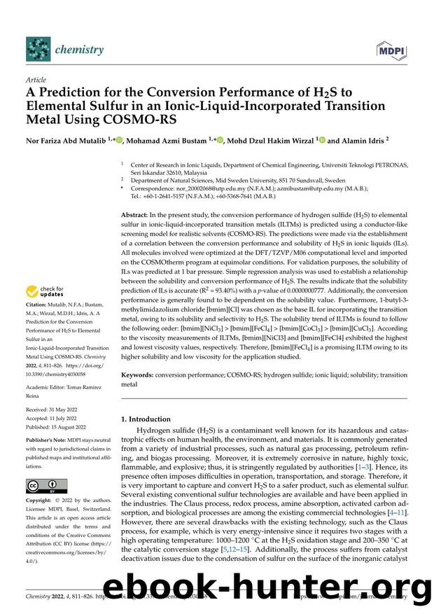 A Prediction for the Conversion Performance of H2S to Elemental Sulfur in an Ionic-Liquid-Incorporated Transition Metal Using COSMO-RS by Nor Fariza Abd Mutalib Mohamad Azmi Bustam Mohd Dzul Hakim Wirzal & Alamin Idris