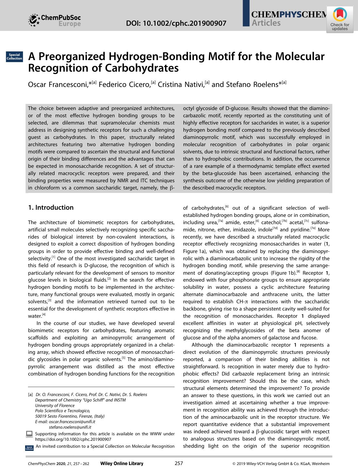 A Preorganized HydrogenâBonding Motif for the Molecular Recognition of Carbohydrates by Unknown