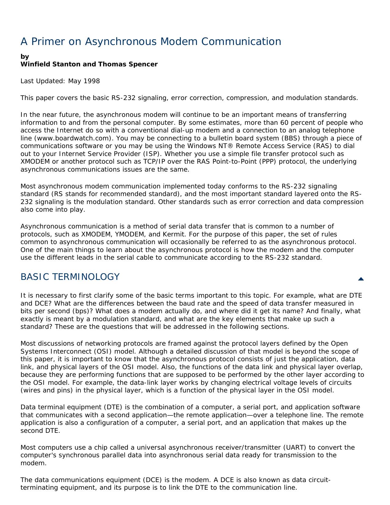 A Primer on Asynchronous Modem Communication by Administrator