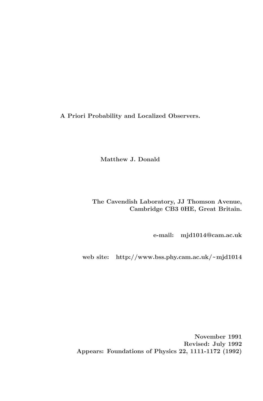 A Priori Probability and Localized Observers by Matthew J. Donald