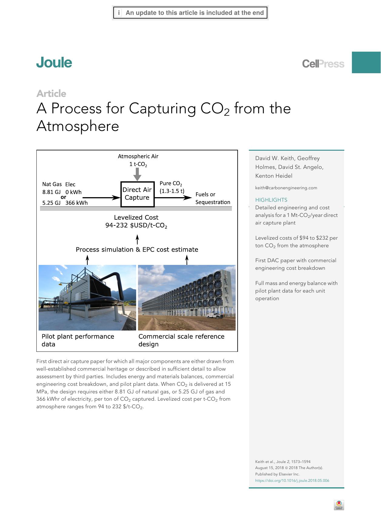 A Process for Capturing CO2 from the Atmosphere by David W. Keith & Geoffrey Holmes & David St. Angelo & Kenton Heidel
