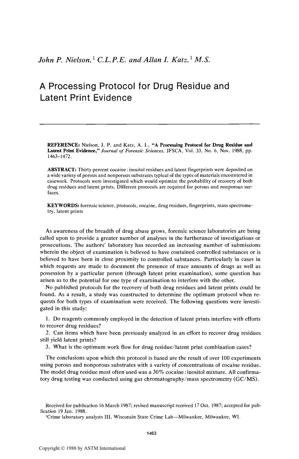 A Processing Protocol for Drug Residue and Latent Print Evidence by Nielson JP Katz AI
