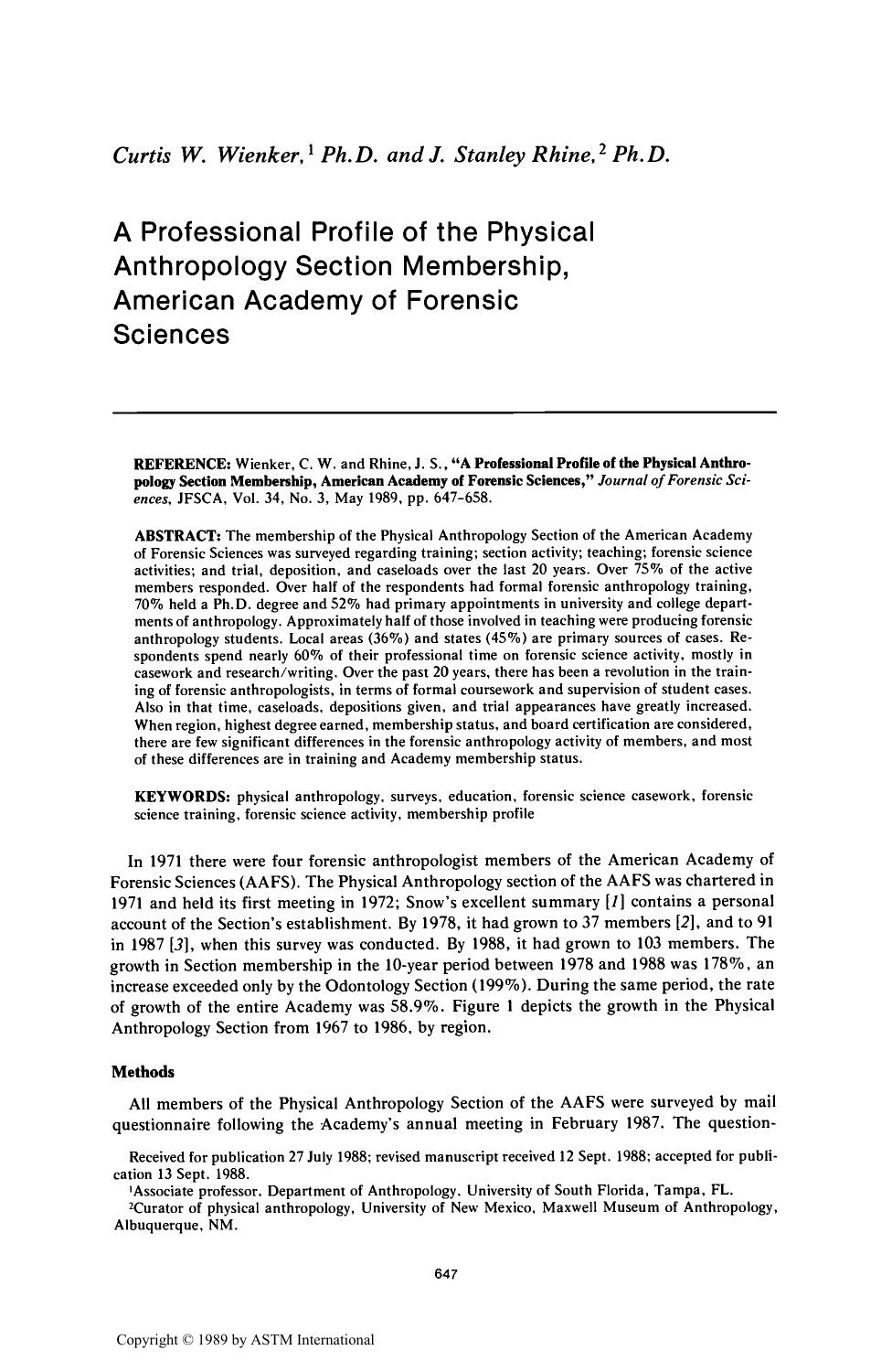 A Professional Profile of the Physical Anthropology Section Membership, American Academy of Forensic Sciences by Wienker CW Rhine JS