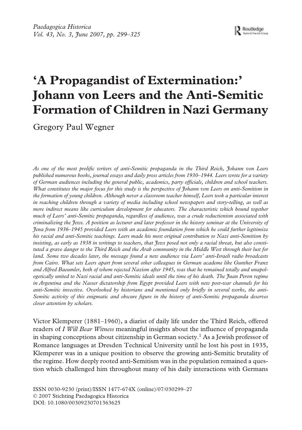 A Propagandist of Extermination, Johann von Leers and the Anti-Semitic Formation of Children in Nazi Germany by Unknown