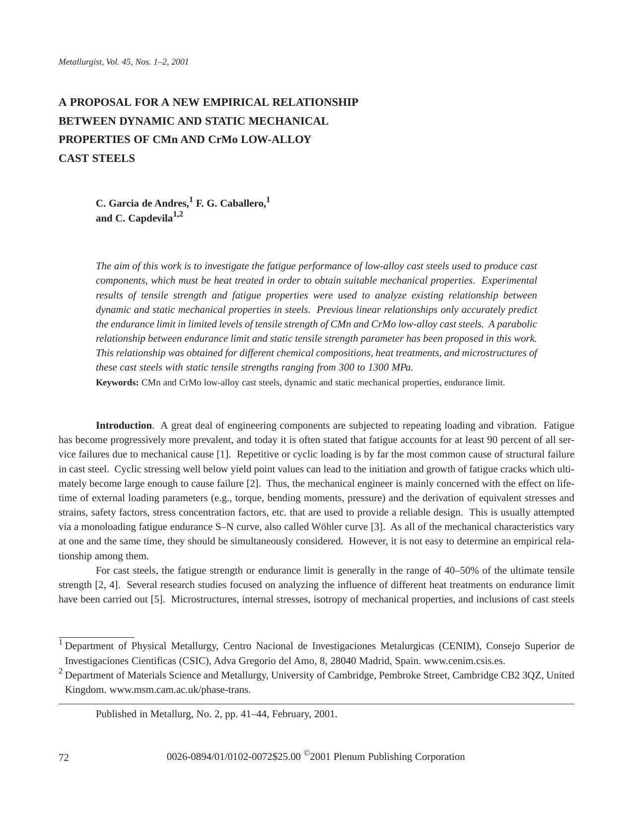 A Proposal for a New Empirical Relationship between Dynamic and Static Mechanical Properties of CMn and CrMo Low-Alloy Cast Steels by Unknown