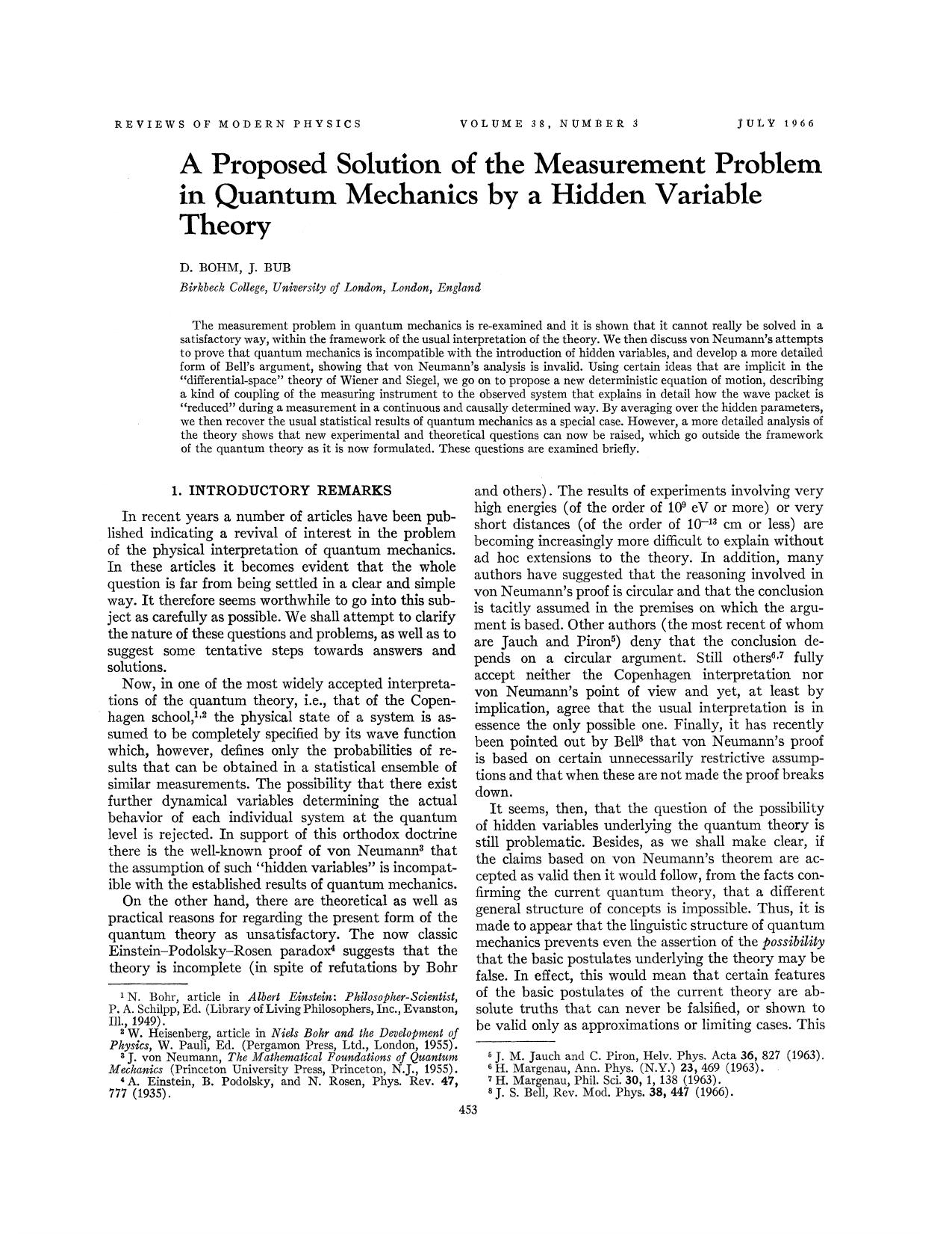 A Proposed Solution of the Measurement Problem in Quantum Mechanics by a Hidden Variable Theory by D. BOHM & J. BUB