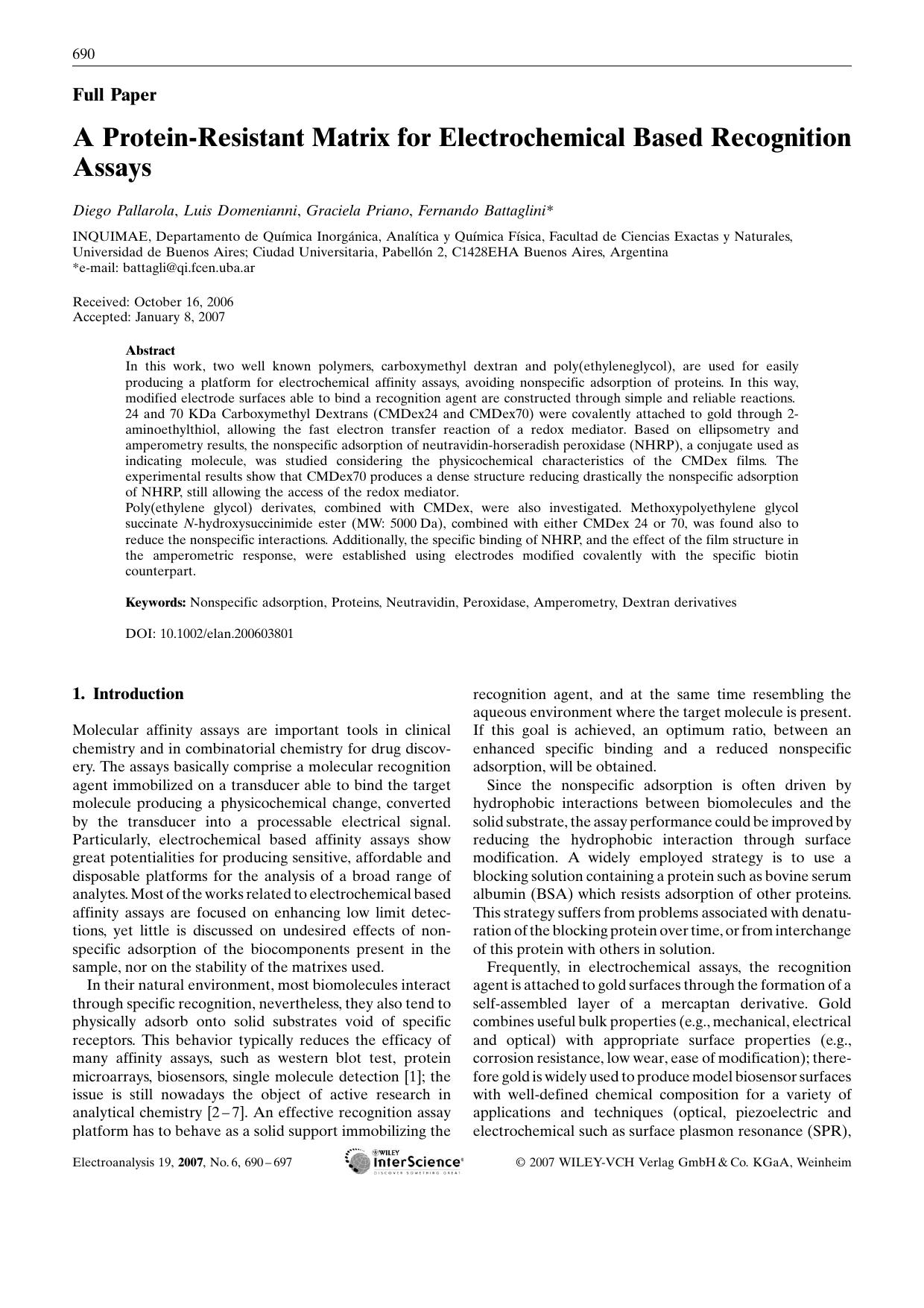 A Protein-Resistant Matrix for Electrochemical Based Recognition Assays by Unknown