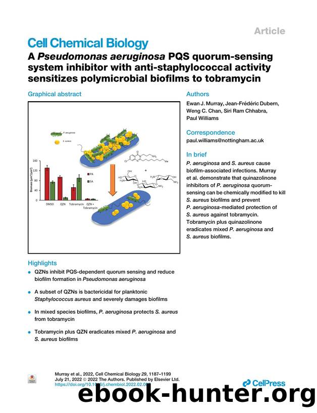 A Pseudomonas aeruginosa PQS quorum-sensing system inhibitor with anti-staphylococcal activity sensitizes polymicrobial biofilms to tobramycin by Ewan J. Murray & Jean-Frédéric Dubern & Weng C. Chan & Siri Ram Chhabra & Paul Williams