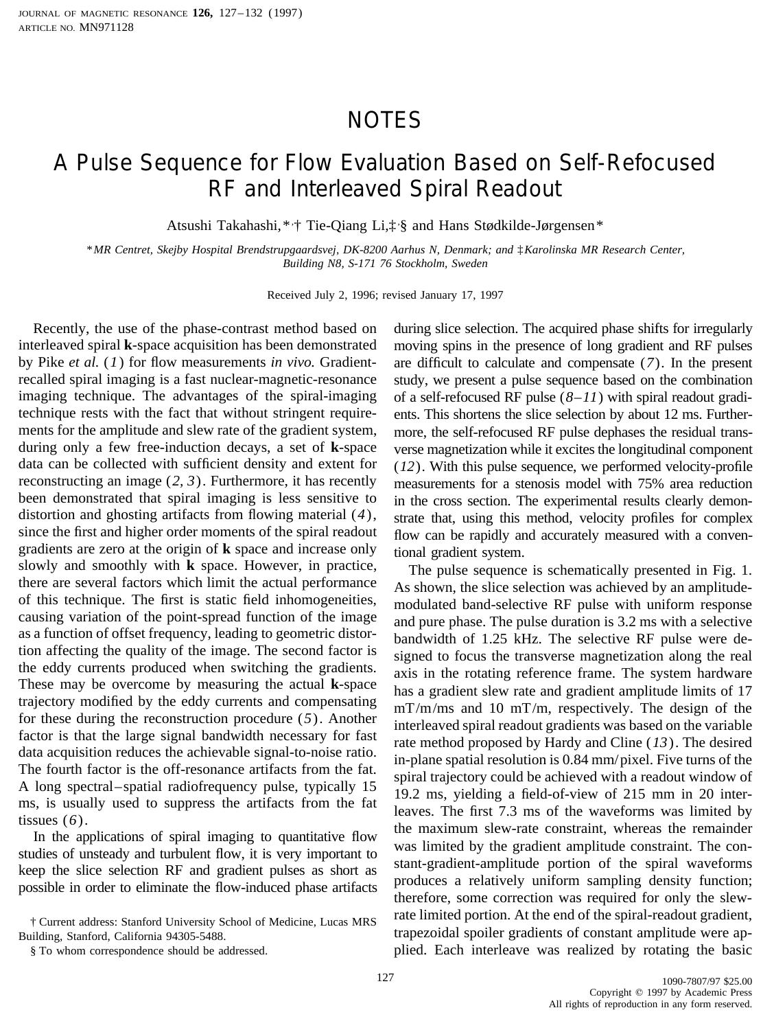 A Pulse Sequence for Flow Evaluation Based on Self-Refocused RF and Interleaved Spiral Readout by Takahashi A. et al