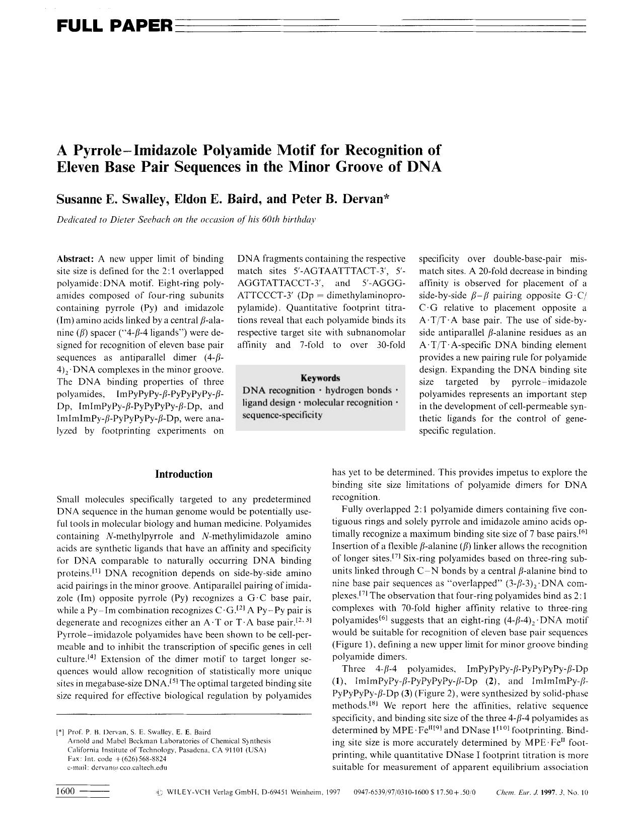 A Pyrrole-Imidazole Polyamide Motif for Recognition of Eleven Base Pair Sequences in the Minor Groove of DNA by Unknown