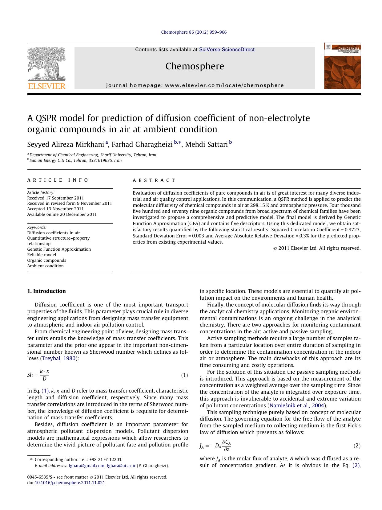 A QSPR model for prediction of diffusion coefficient of non-electrolyte organic compounds in air at ambient condition by Seyyed Alireza Mirkhani & Farhad Gharagheizi & Mehdi Sattari