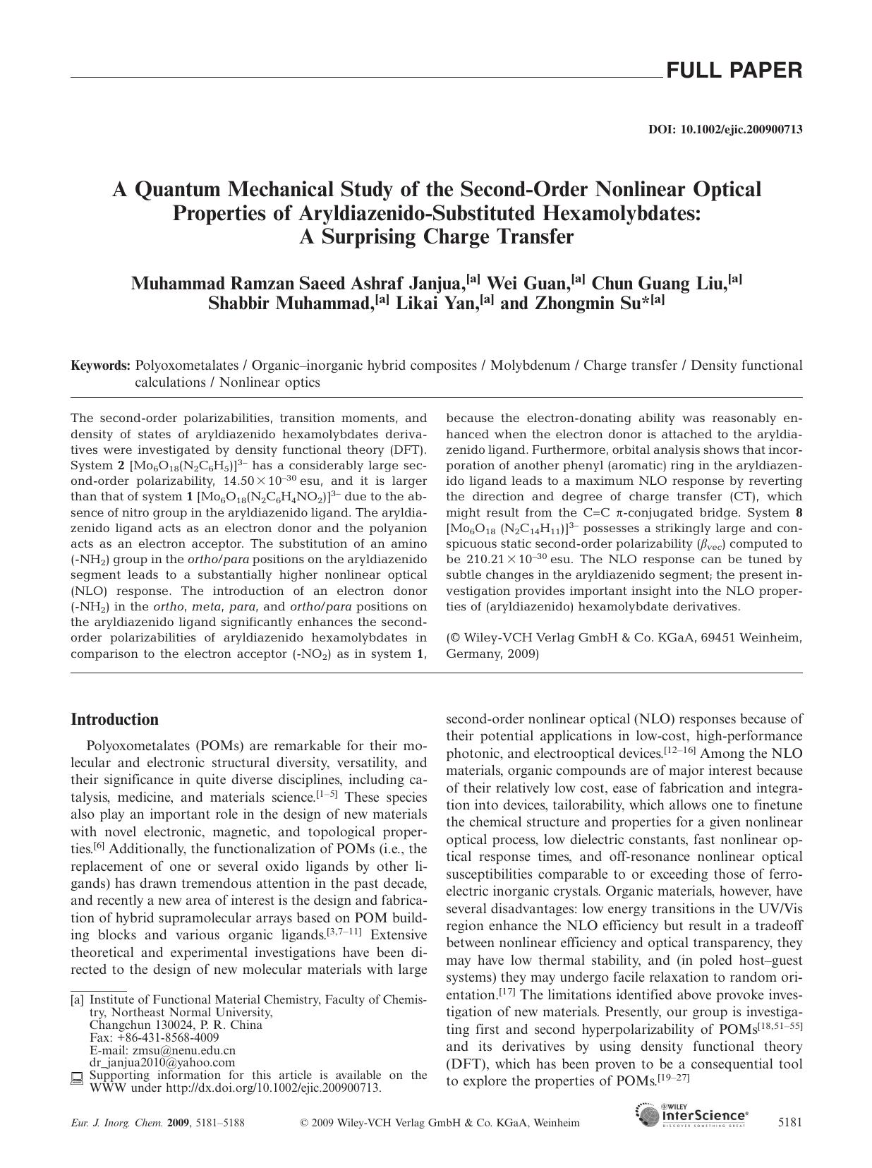 A Quantum Mechanical Study of the Second-Order Nonlinear Optical Properties of Aryldiazenido-Substituted Hexamolybdates: A Surprising Charge Transfer by Unknown