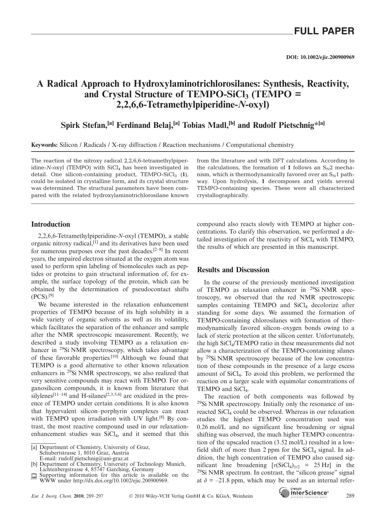 A Radical Approach to Hydroxylaminotrichlorosilanes: Synthesis, Reactivity, and Crystal Structure of TEMPO-SiCl3 (TEMPO = 2,2,6,6-Tetramethylpiperidine-N-oxyl) by Unknown