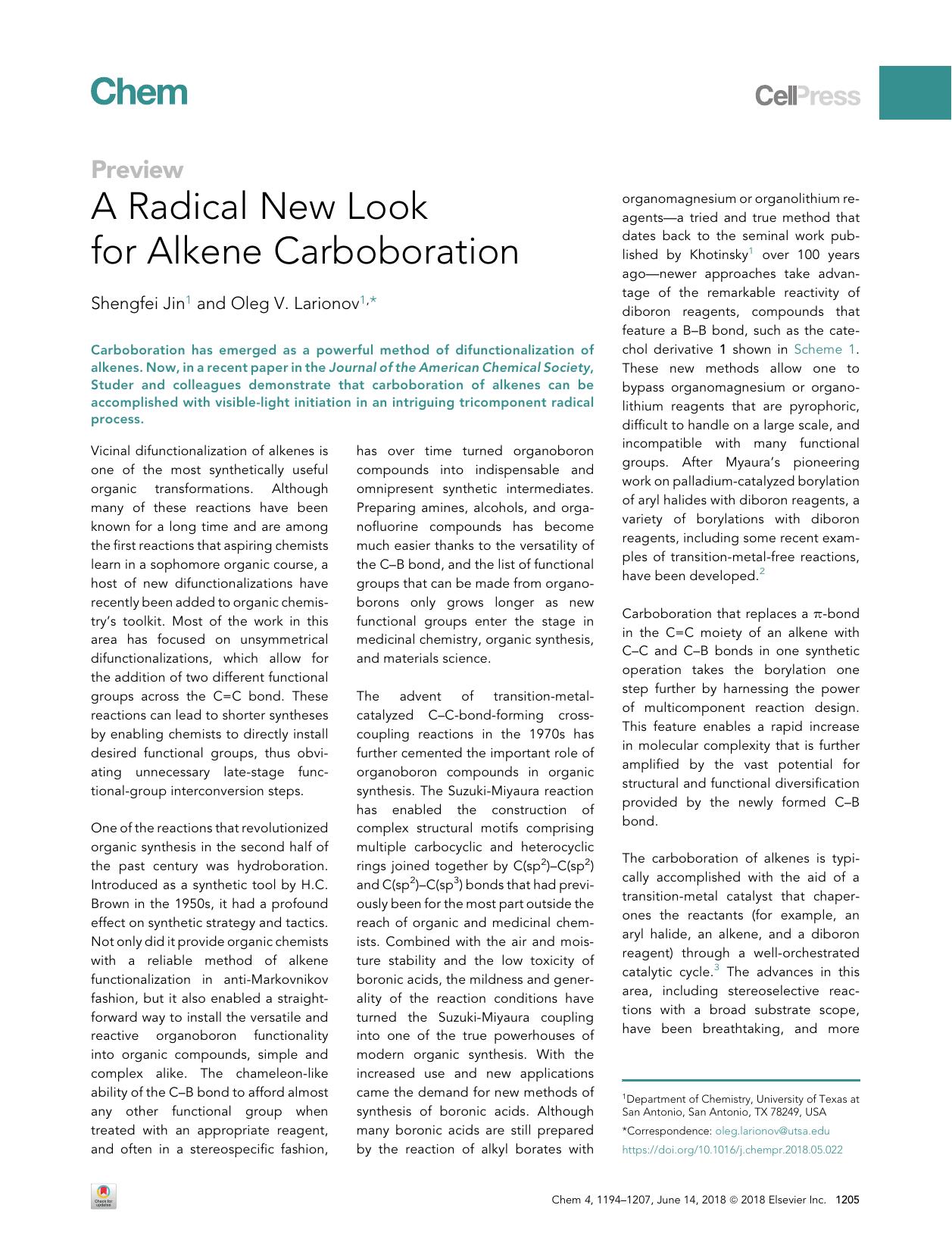 A Radical New Look for Alkene Carboboration by Shengfei Jin & Oleg V. Larionov