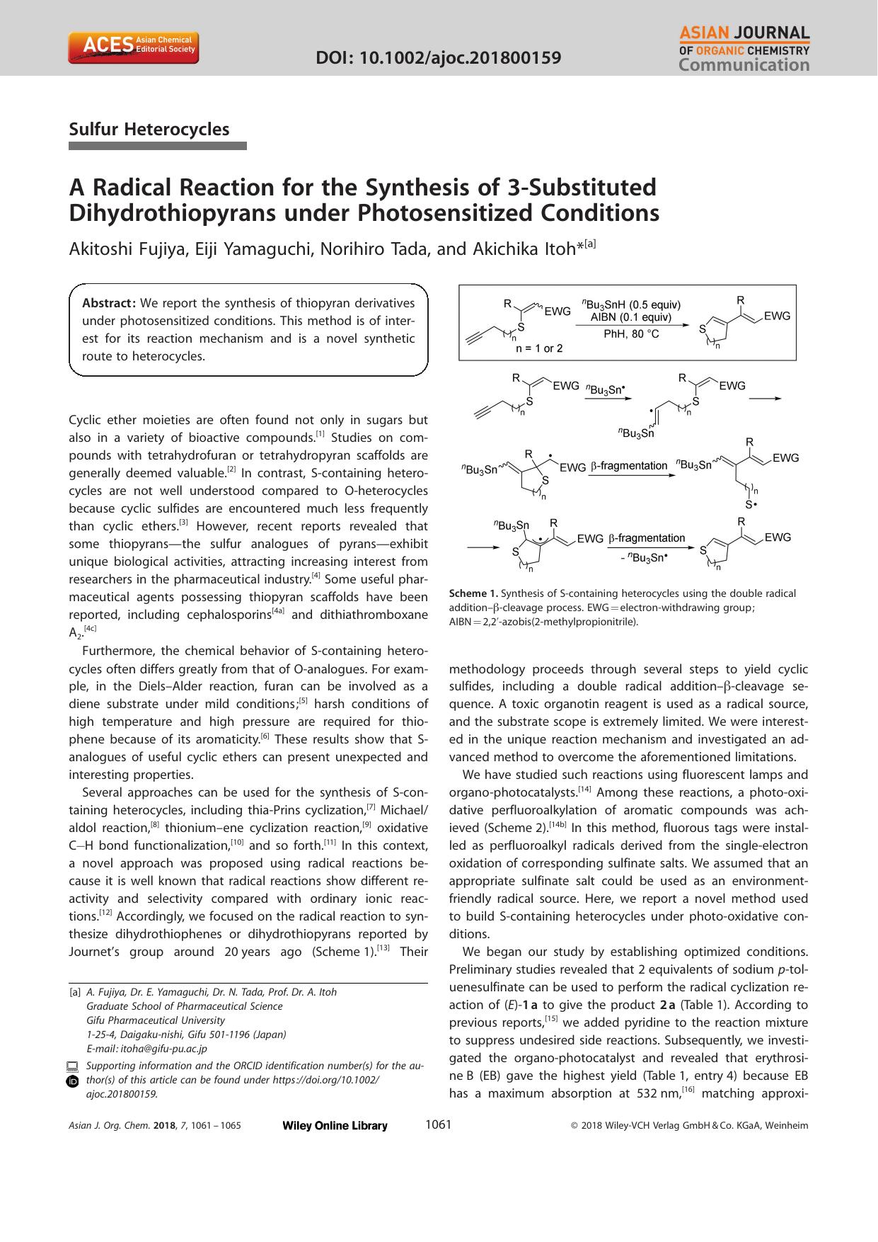 A Radical Reaction for the Synthesis of 3âSubstituted Dihydrothiopyrans under Photosensitized Conditions by Unknown